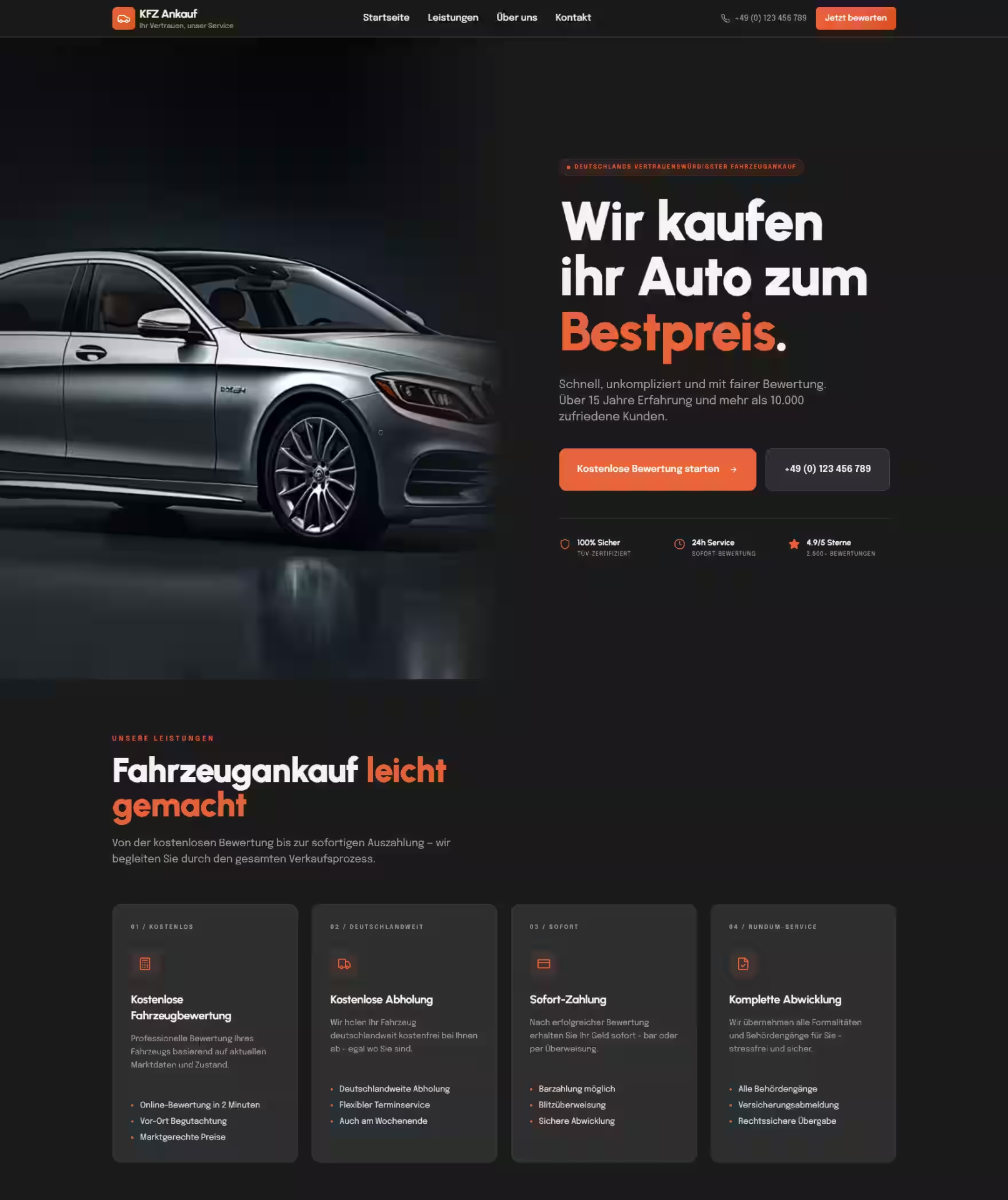 Landing Page für professionellen KFZ-Ankauf mit Sofort-Bewertung