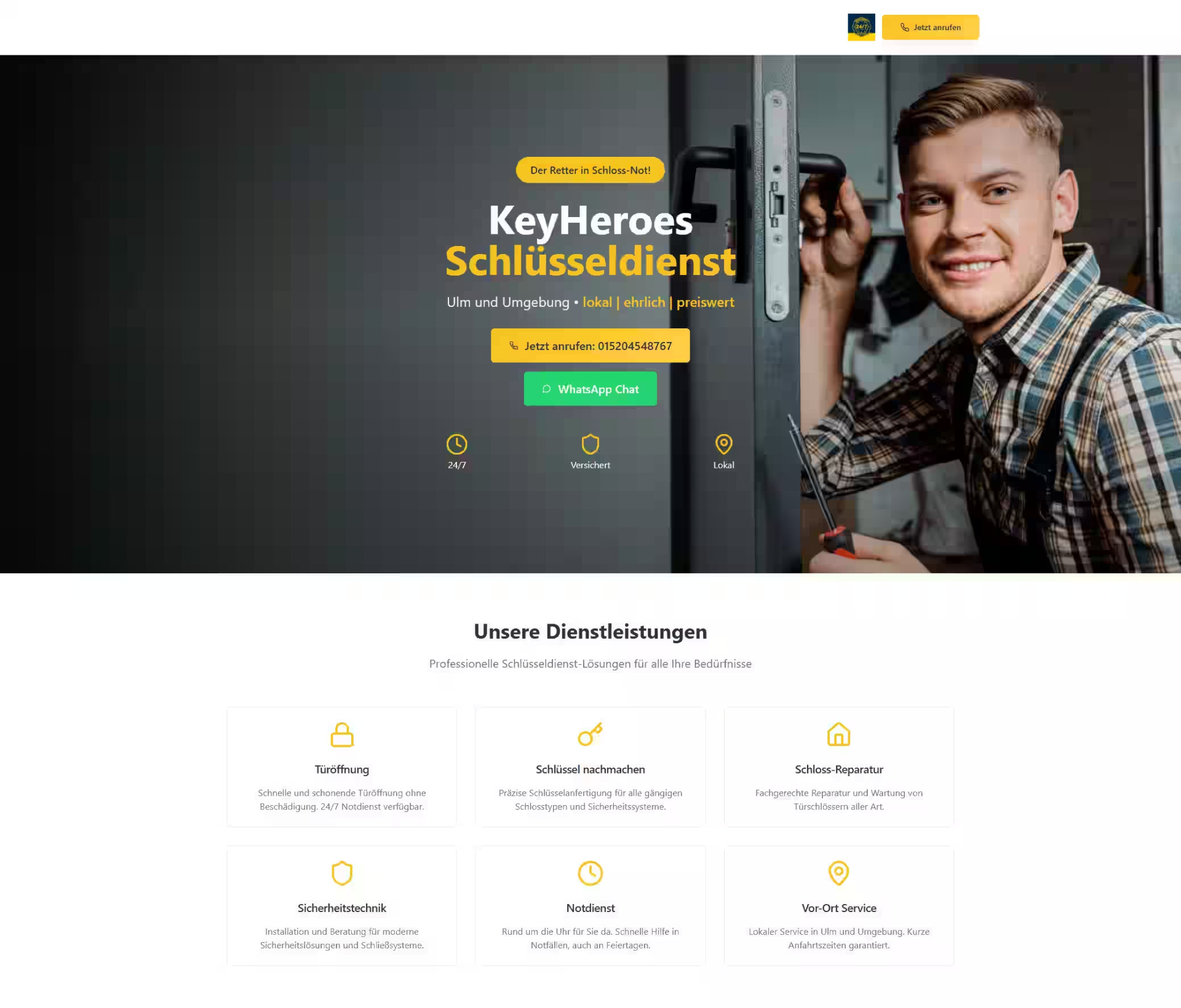 Landing Page für einen lokalen Schlüsseldienst mit 24/7 Notdienst