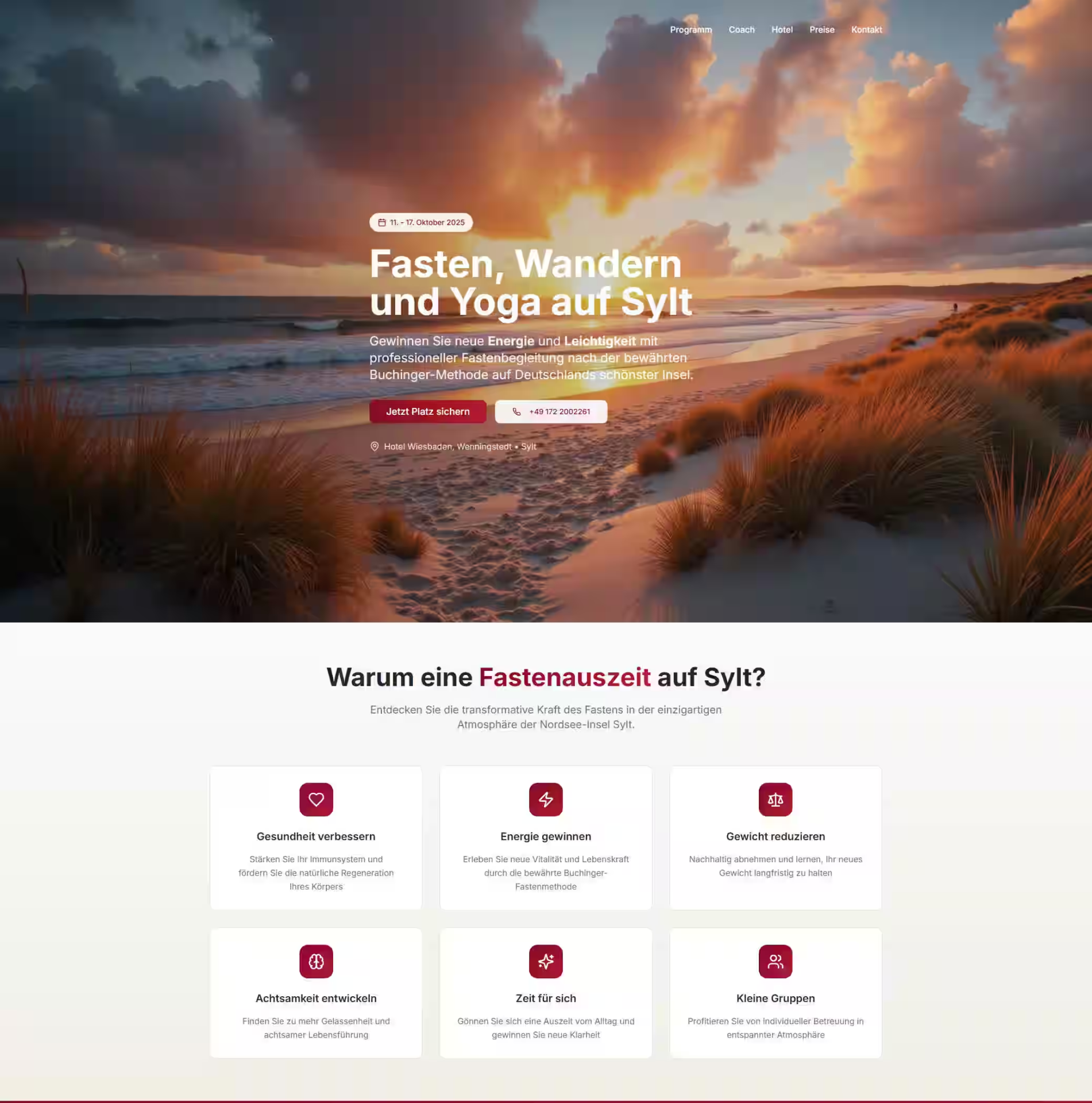 Landing Page für Fasten-, Wander- und Yoga-Retreats auf Sylt