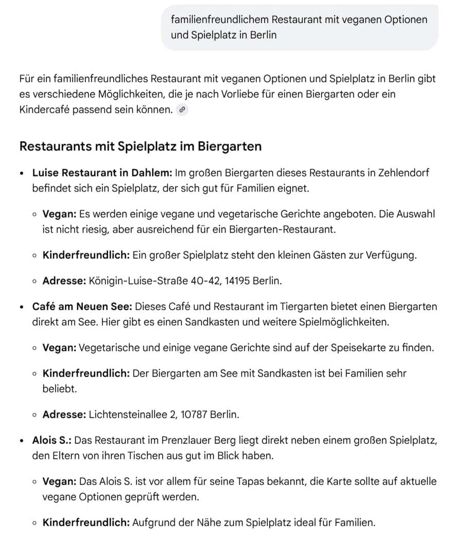 Google Suche: familienfreundlichem Restaurant mit veganen Optionen und Spielplatz